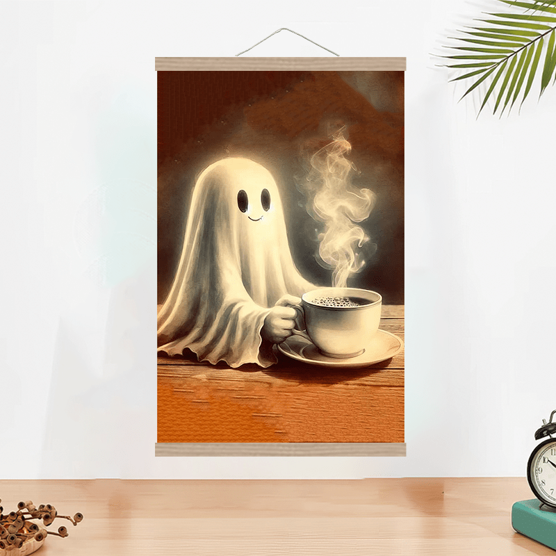 

Cute Ghost Drinking Coffee Canvas Wall Art Print - Framed Hip Hop Poster With Solid Wood Shaft For Home Decor, Modern Artwork Painting For Kitchen, Hallway, Living Room Decoration