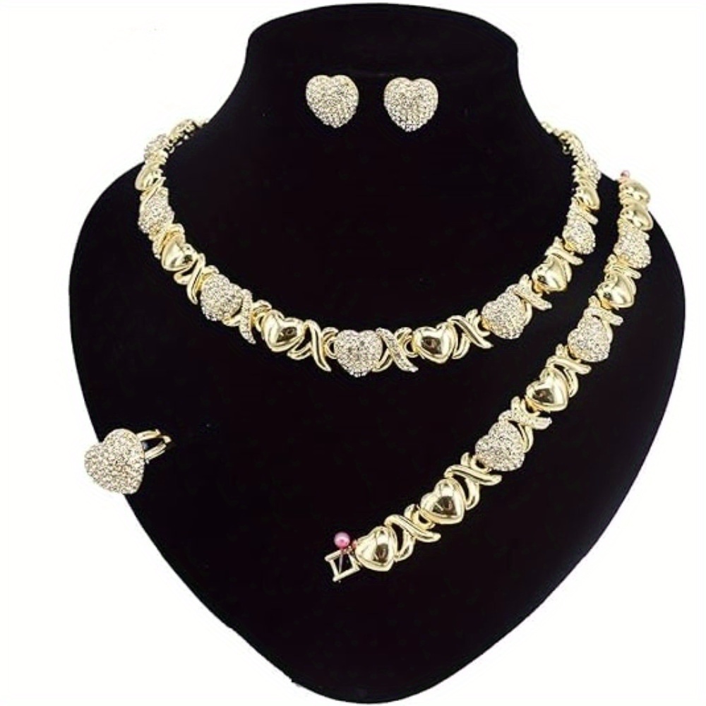 

Women Jewelry Necklace Set 18k Gold Plated Bride Bridesmaid Fashion Rhinestone Wedding Jewelry Necklace Earrings Bracelet Ring 4 Pieces Set