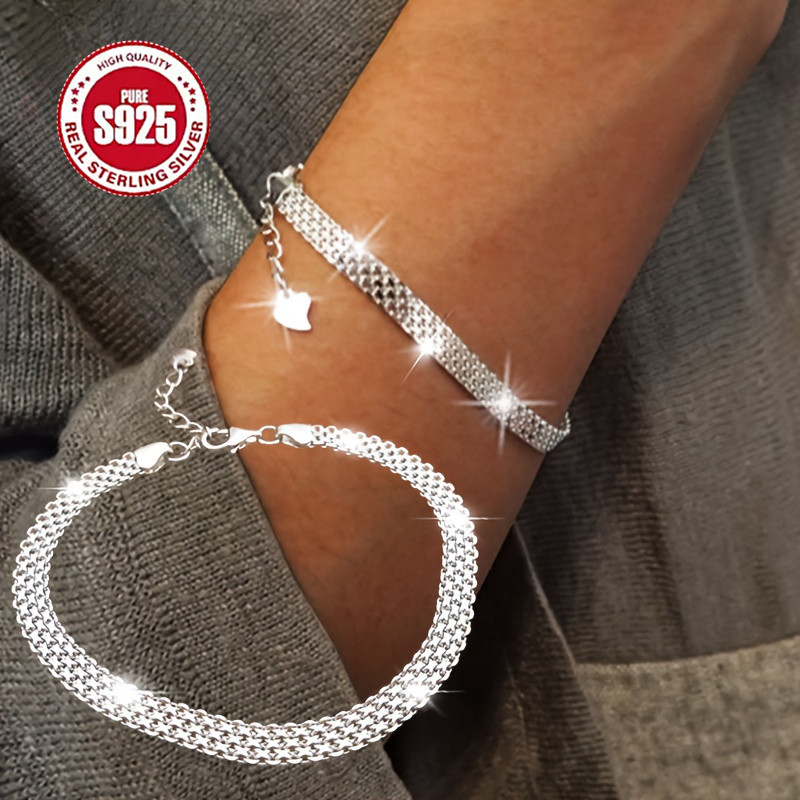 

1 S925 Sterling Silver Bracelet, Mesh Embossed Bracelet, Sparkling Handmade Jewelry For Men And Women