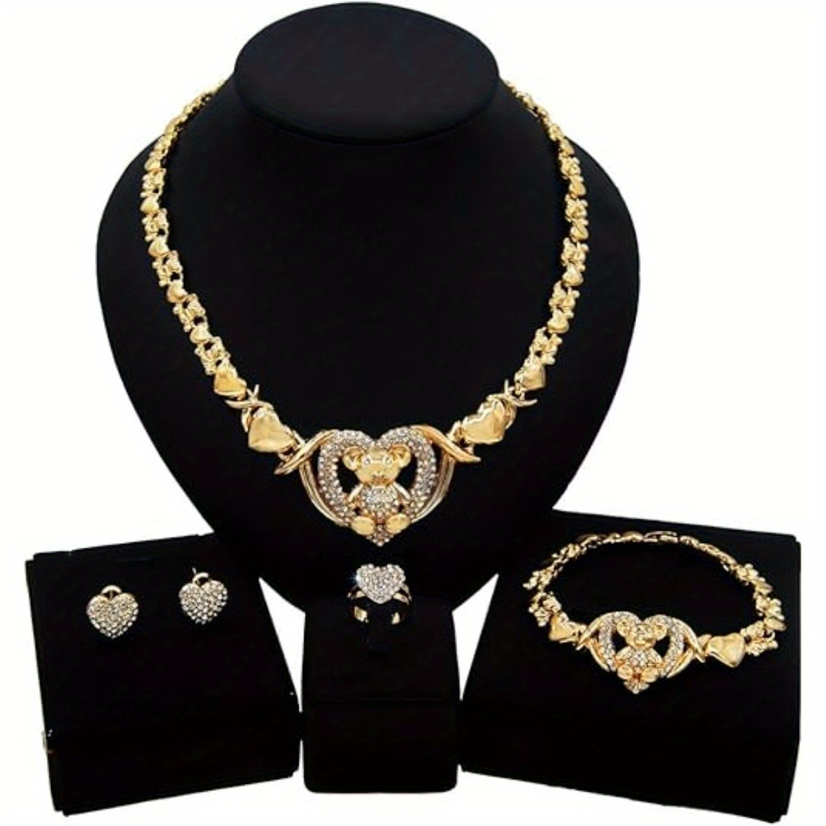 

Women Jewelry Necklace Set 18k Gold Plated Bride Bridesmaid Fashion Rhinestone Wedding Jewelry Necklace Earrings Bracelet Ring 4 Pieces Set