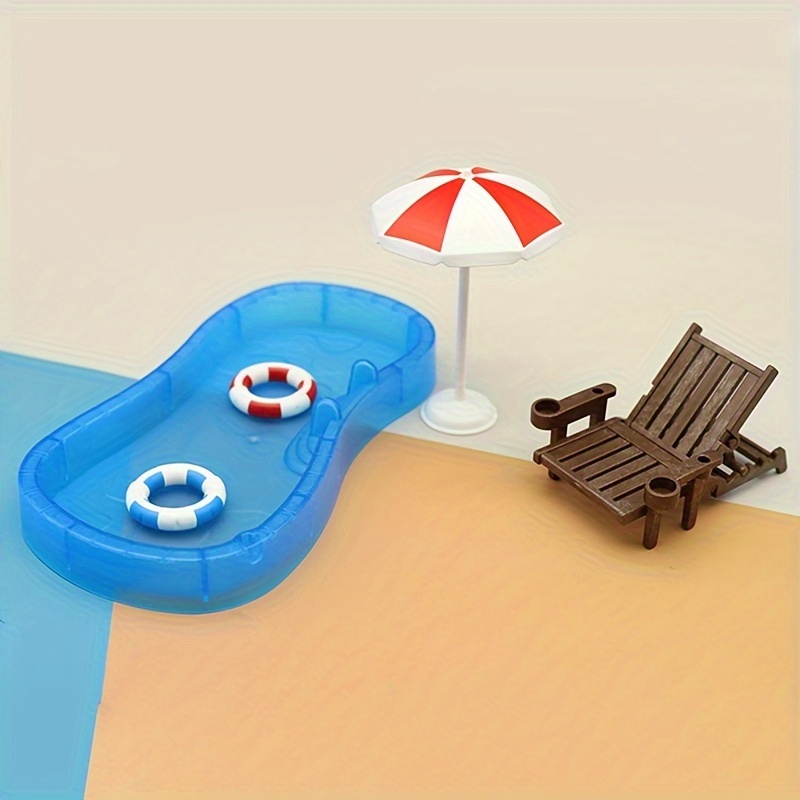 

Miniature Dollhouse Beach Pool Set With Umbrella, Lounge Chair, And - Doll House Doll Accessories, Suitable For 3+