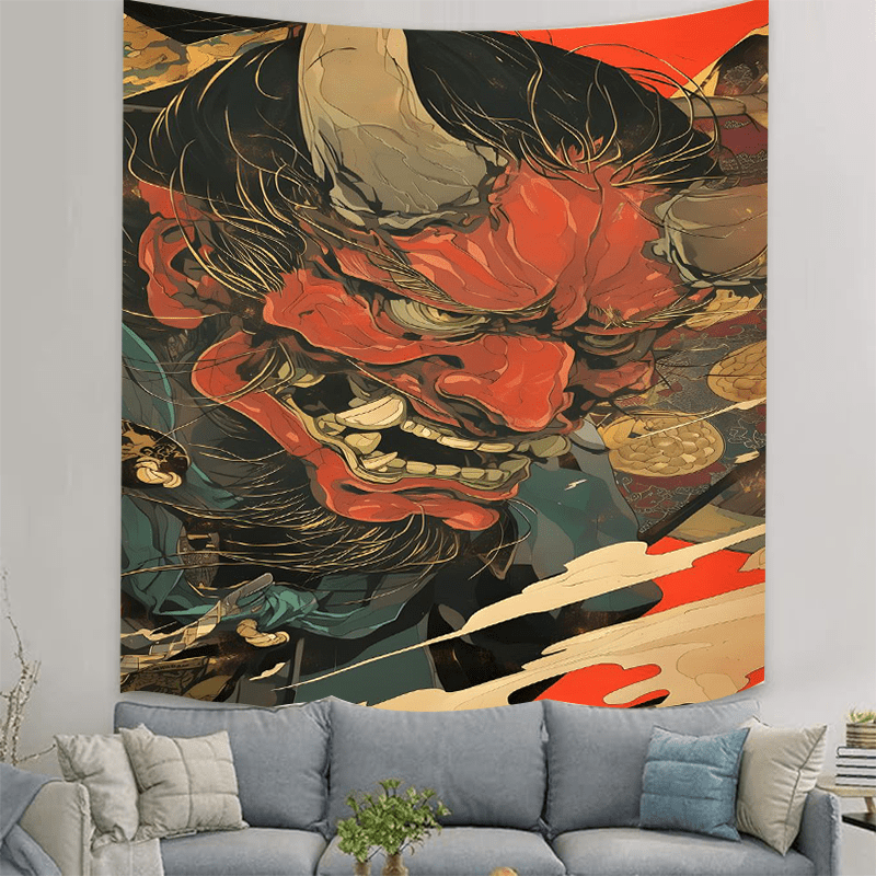 

Oni Demon Warrior Wall Tapestry – Polyester Fiber, Lightweight, Washable – 37x28 Inch Japanese Mythological Art Hanging Decor For Bedroom, Living Room, Dorm – Includes Hanging Accessories