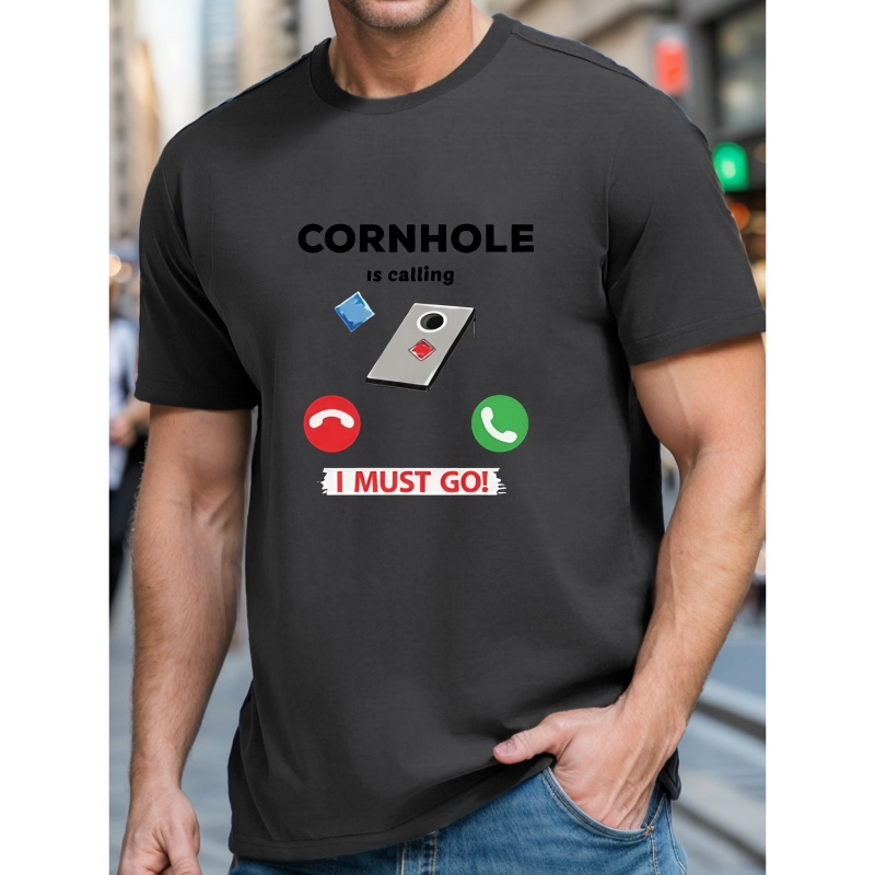 

Cornhole Is Calling Print Men's Short Sleeve Versatile T-shirt, Comfy & Breathable, Summer Casual Clothing