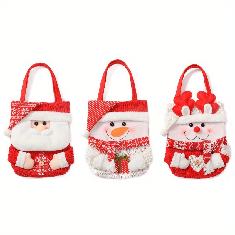 

3 sacs-cadeaux sur le thème de Noël avec des motifs de dessins animés festifs - Père Noël, bonhomme de neige, renne - Ensemble de sacs à bonbons et pommes des Fêtes avec fermeture à chapeau rabattable