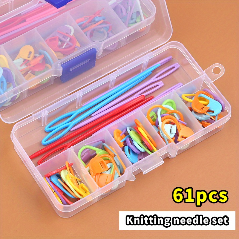 

61pcs Knitting Accessory Kit With Stitch Markers, Plastic Sewing Needles, Crochet Hooks & Locking Stitch Counter For Yarn & Tapestry Crafts