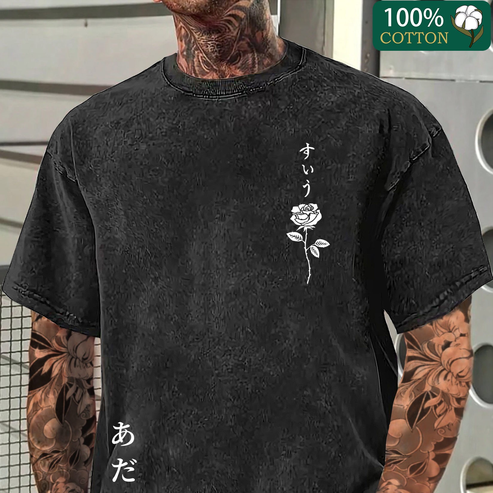 

Men's Rose Pattern And Japanese Text Print Pure Cotton Crew Neck T-shirt, Summer Thick Batik Top For Casual And Street Wear