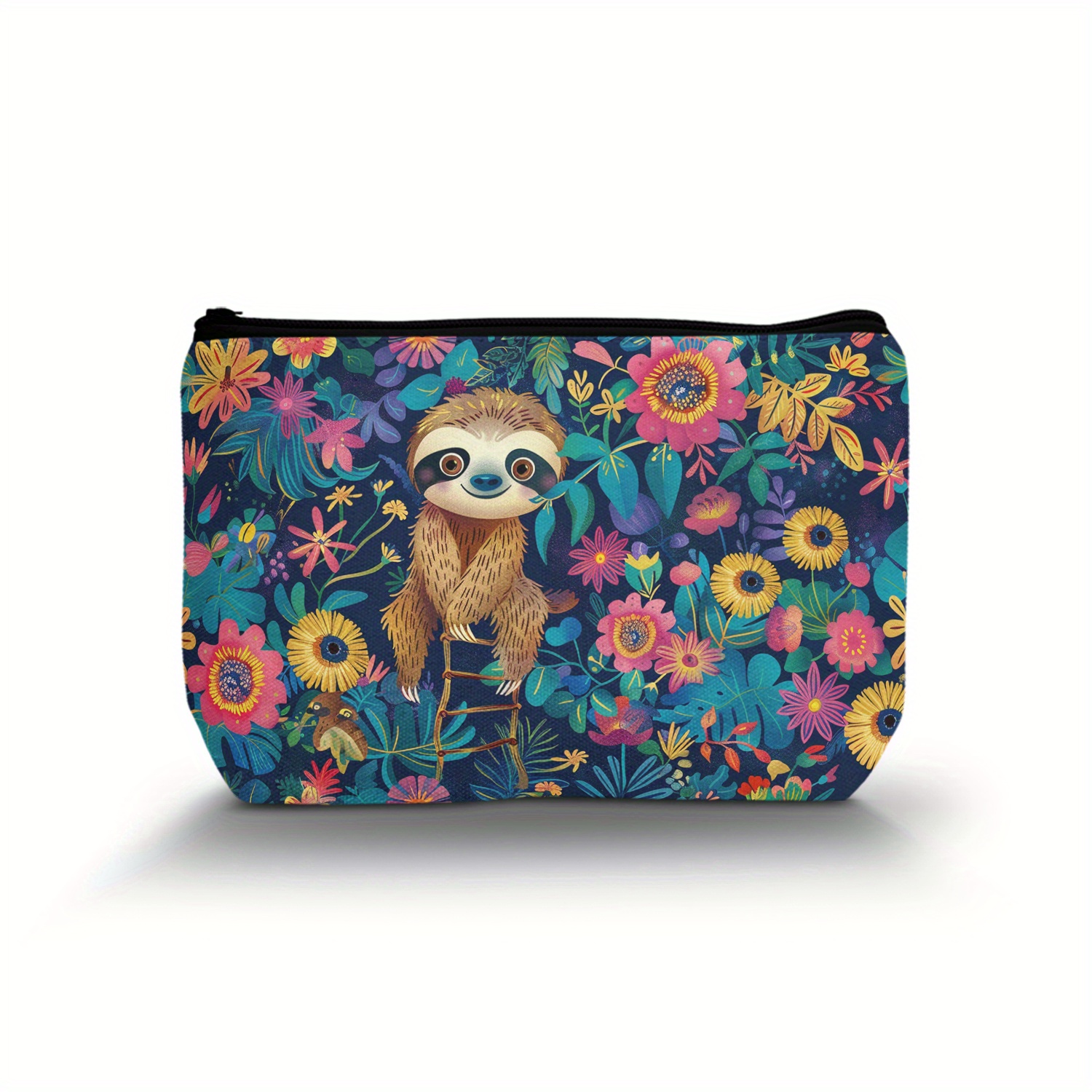 

1pc Sloth Floral Print Polyester Cosmetic Bag, Zippered Pouch, Hand Washable, Travel Organizer, Ideal Gift For Bridesmaids, Teachers, Friends - Graduation & Wedding