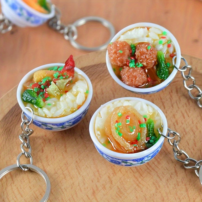 

3pcs Miniature Chinese Cuisine Keychain - Pvc Bowl Simulation Food Ring Pendant Accessory