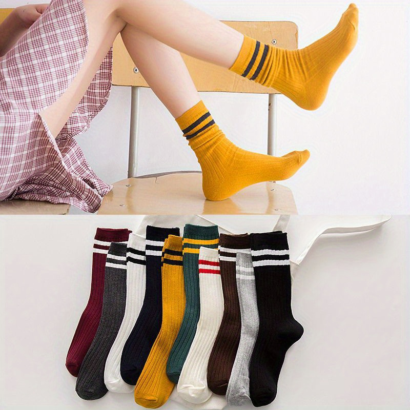 

10 paires de chaussettes unisexes mi-mollet à rayures - Tissu en polyester tricoté, usage sportif et professionnel, lavables en machine - Idéal pour les cadeaux de Noël et des fêtes