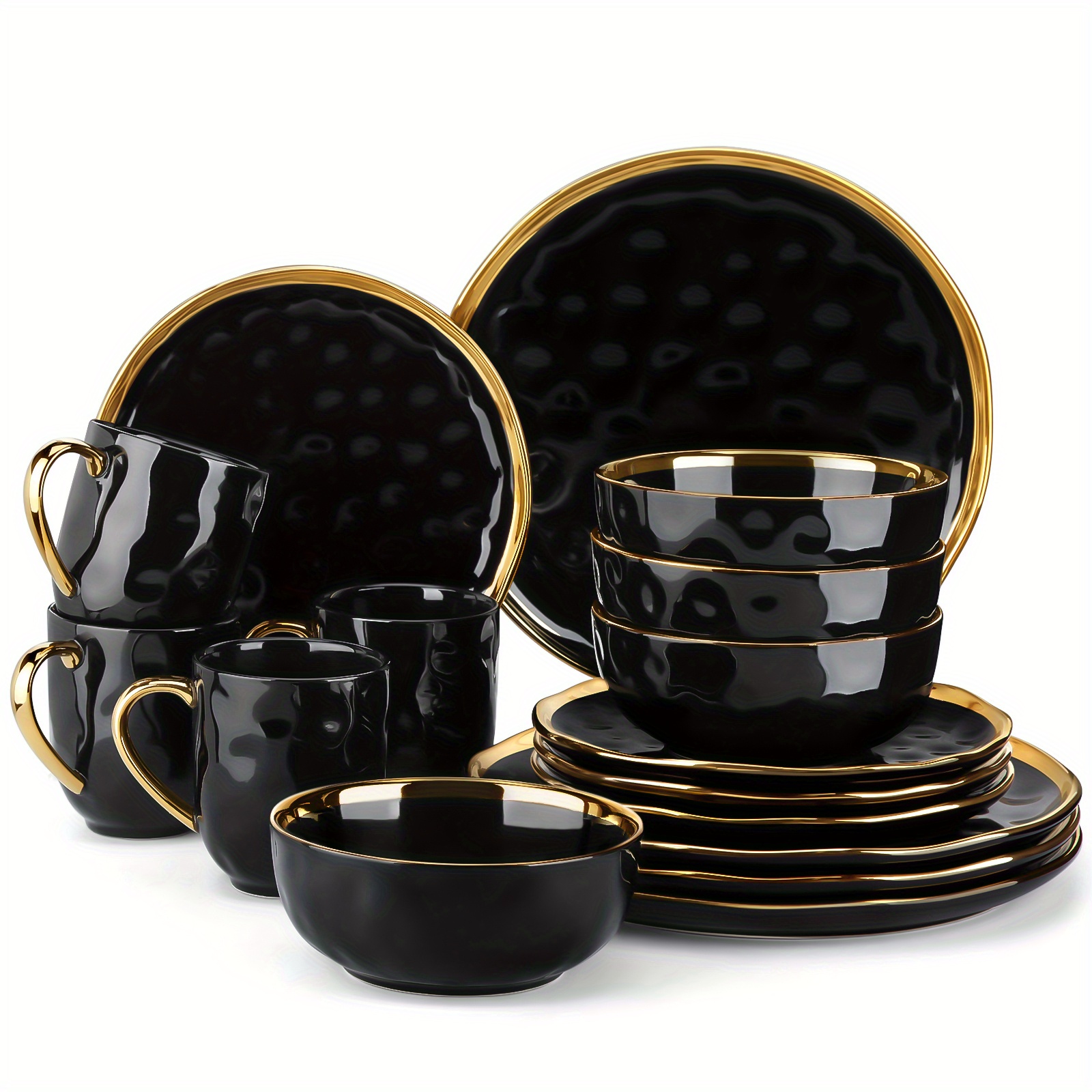 TEMU 16pcs Black And Golden Stoneware Dinnerware Sets Handmade Dinnerware With , Dishwasher Safe Dinner Set