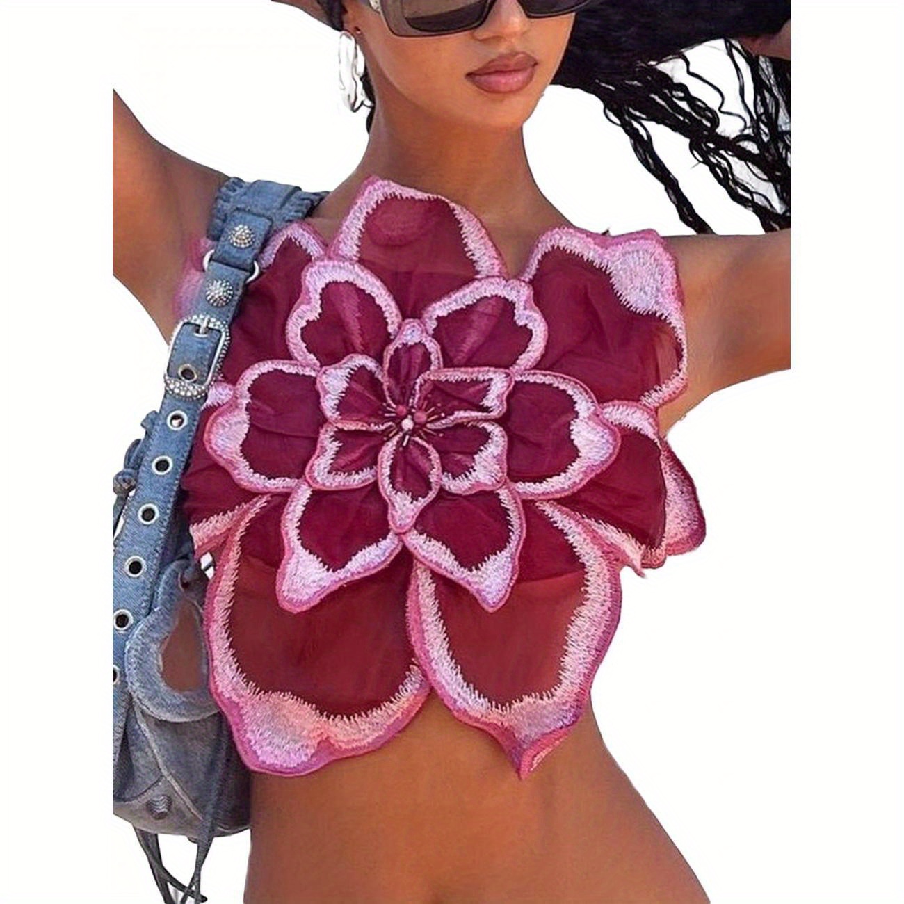 

Stereo Floral Spaghetti Strap Top, Party & Wear Slim Fit Crop Top, Women's Clothing