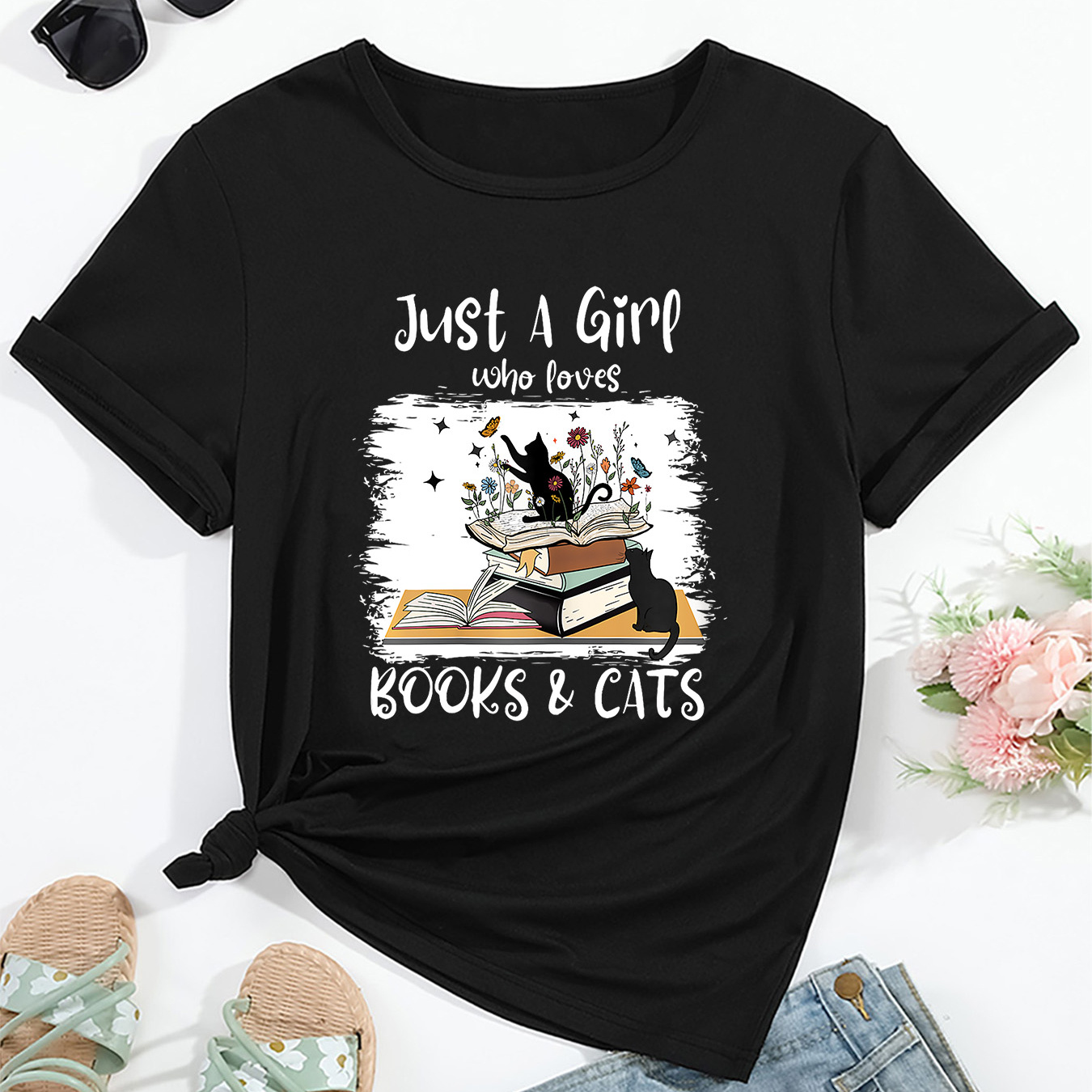 

Women's Cute Cat & Book Sports Tee - Stretchy Polyester , Short Sleeve, Round Neck Activewear Top