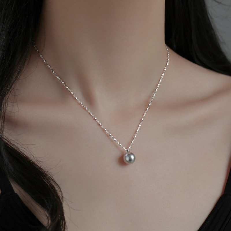 TEMU Elegant S925 Silver Necklace With Synthetic Pearl - Vintage Style, Platinum-plated, Lightweight Luxury Clavicle Chain Jewelry For Women, Valentine's Day And All , 3.7g, , Clavicle