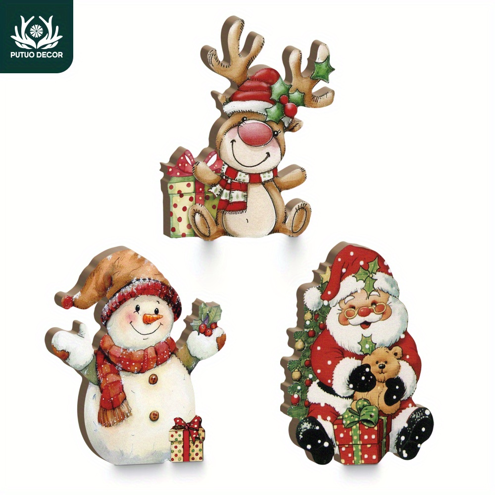 

Putuo Decor 3-piece Christmas Table Decoration Set: Snowman, Santa Claus, And Elk Shaped Wooden Signs - Festive Home Farmhouse Decor For Christmas Gift