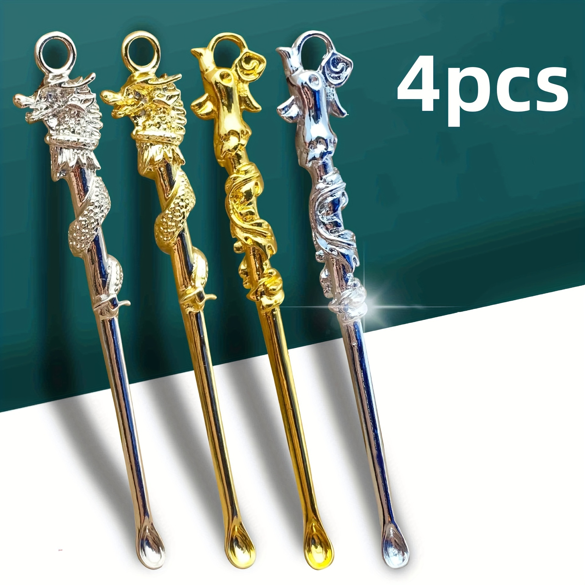 

4pcs Dragon & Phoenix Ear Cleaning Spoon Set - Keychain Pendant Design, Hand Washable, Perfect For Home Use