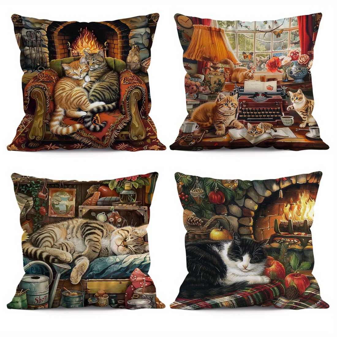 

4 Pieces Vintage Kitty Single-faced Throw Pillow Covers - 45cm X 45cm - Home Decor, Sofa, Living Room - Invisible Zipper, Durable Material, Machine Washable - Contemporary Style, Polyester Cover