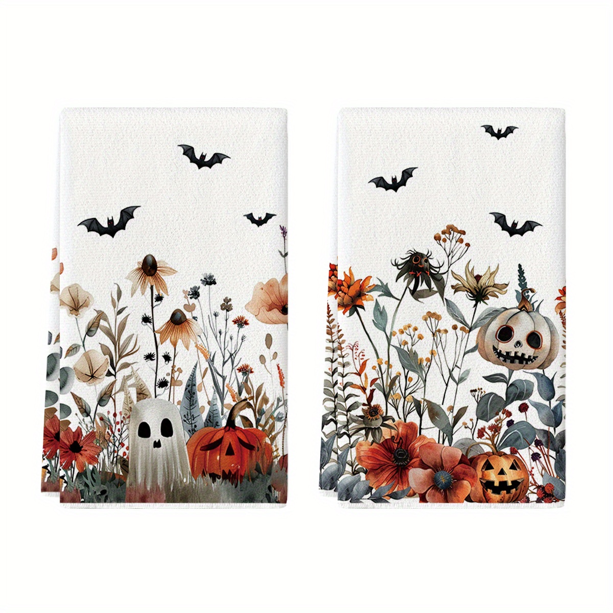 TEMU Sm:)e Pumpkins Bats Floral Spooky Halloween Kitchen Towels Dish Towels, 18x26 Inch Jack-o'-lantern Decoration Hand Towels Set Of 2, Sm:)e