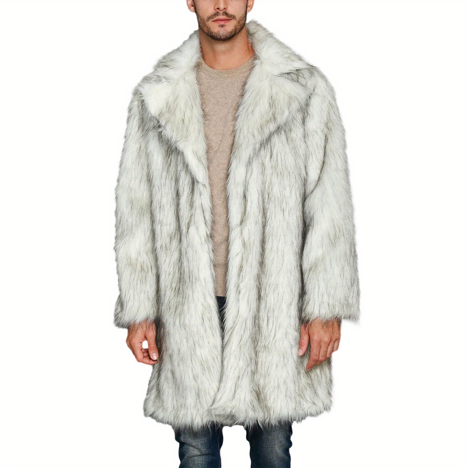 

Men Winter Coat, Long Sleeve Lapel Collar Open Front Faux Fur Coat Jacket Outwear