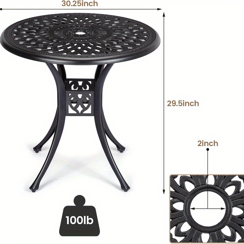 

30.25" Round Cast Aluminum Patio Bistro Table, Bistro Table With Umbrella Hole, Outdoor Side Table, For Porch, Backyard, Garden, Balcony, Black