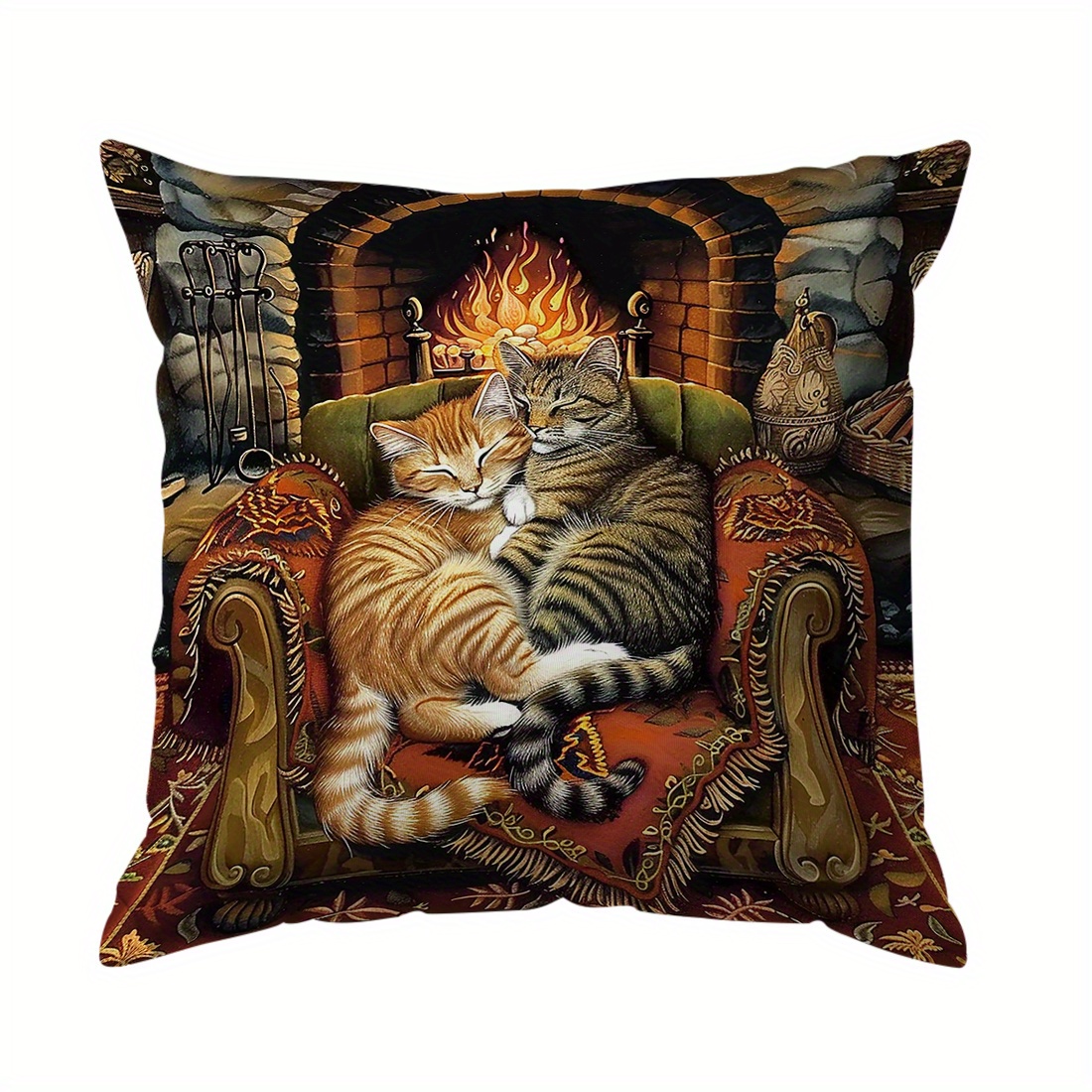 

1pc Vintage Cat Design Throw Pillow Cover 18"x18" - Cozy Fireplace & Pattern, Soft Polyester, Zippered, Machine Washable For Living Room Sofa Decor, Throw Pillows For Couch