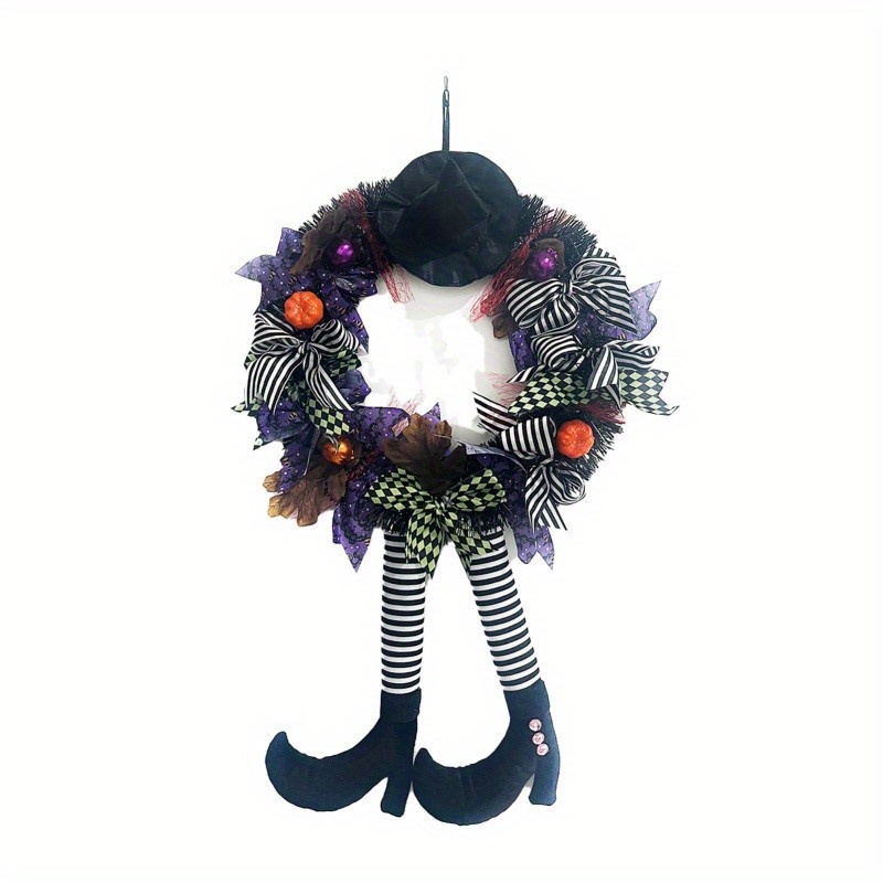 TEMU 24 Inch Witch Wreath - Decorations Witch Hat And Legs Wreath Door Hanging Decoration Garland Artificial Maple Front Wall Wreath Ornaments