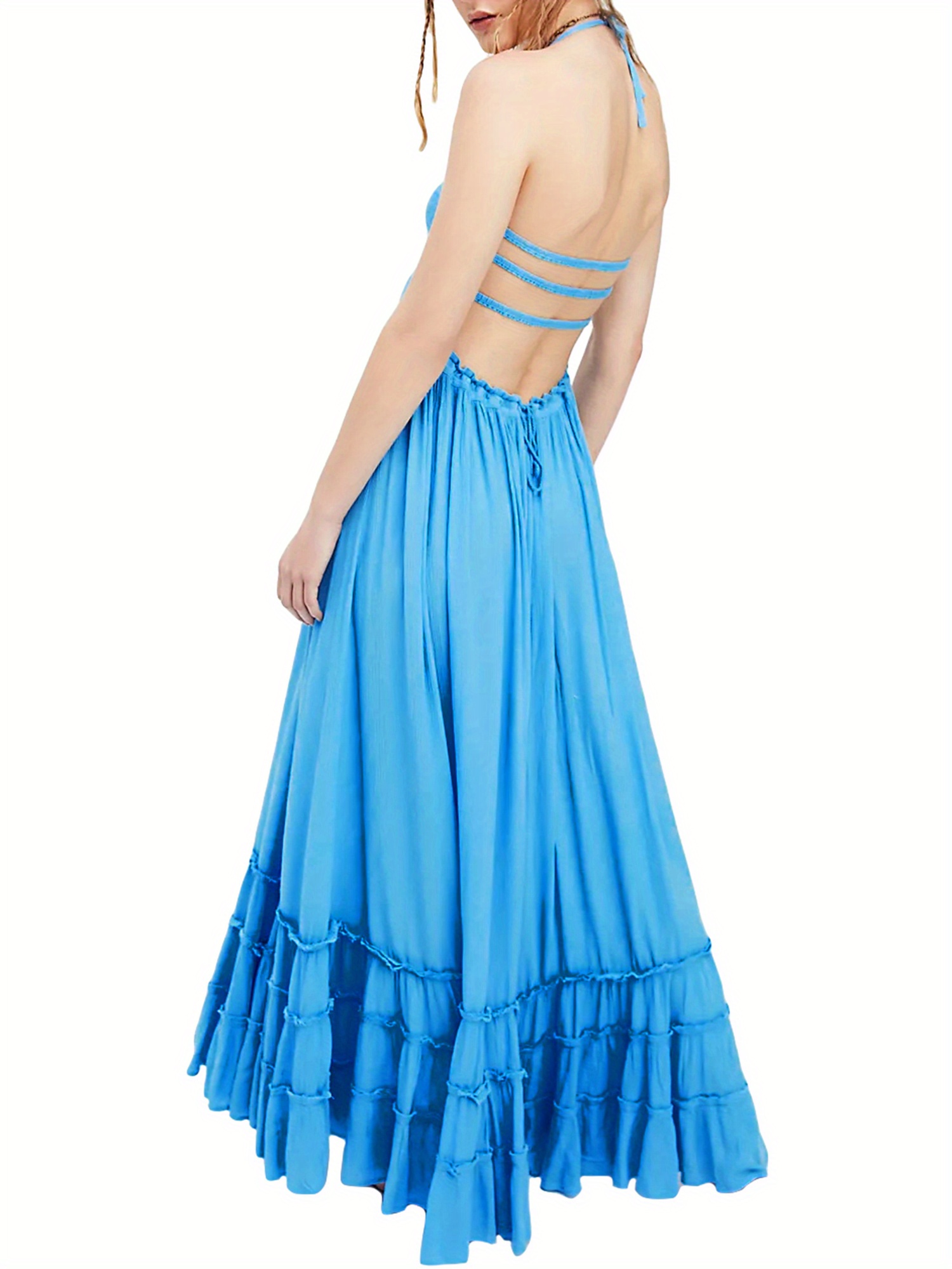 women halter neck long dress solid color pleated hem - Temu