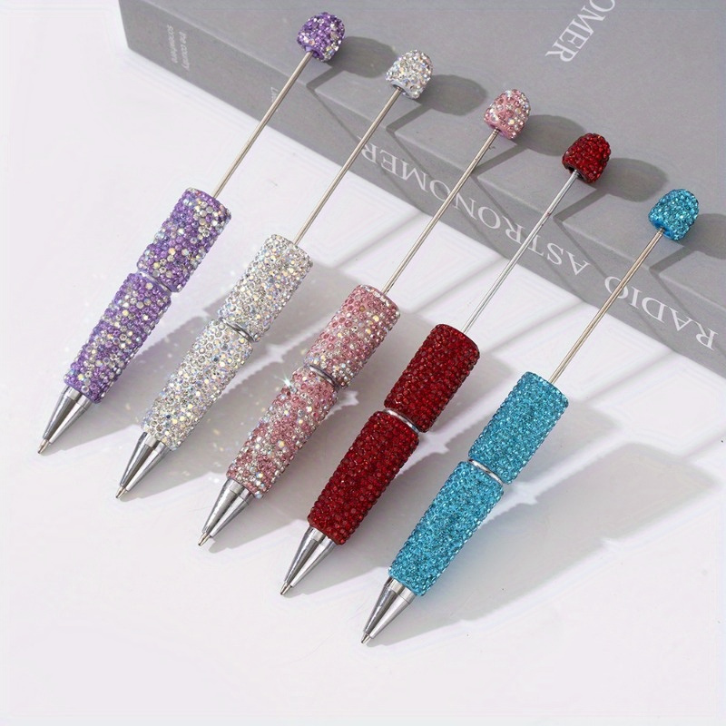 

2pcs Creative Diy Drill String Bead Pen Handmade Paste Drill Plastic Thread Bead Pen With Diamond Round Bead Pen