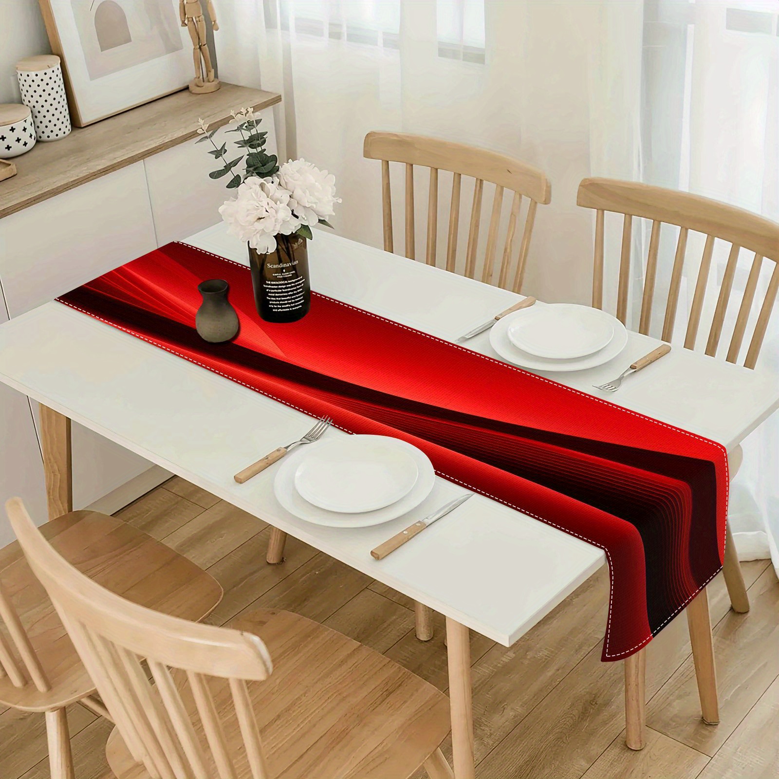 

1pc Elegant Red Geometric Linen Table Runner - Modern , 100% Linen, Rectangular Design For Dining & Coffee Tables, Ideal For Home & Party Decor