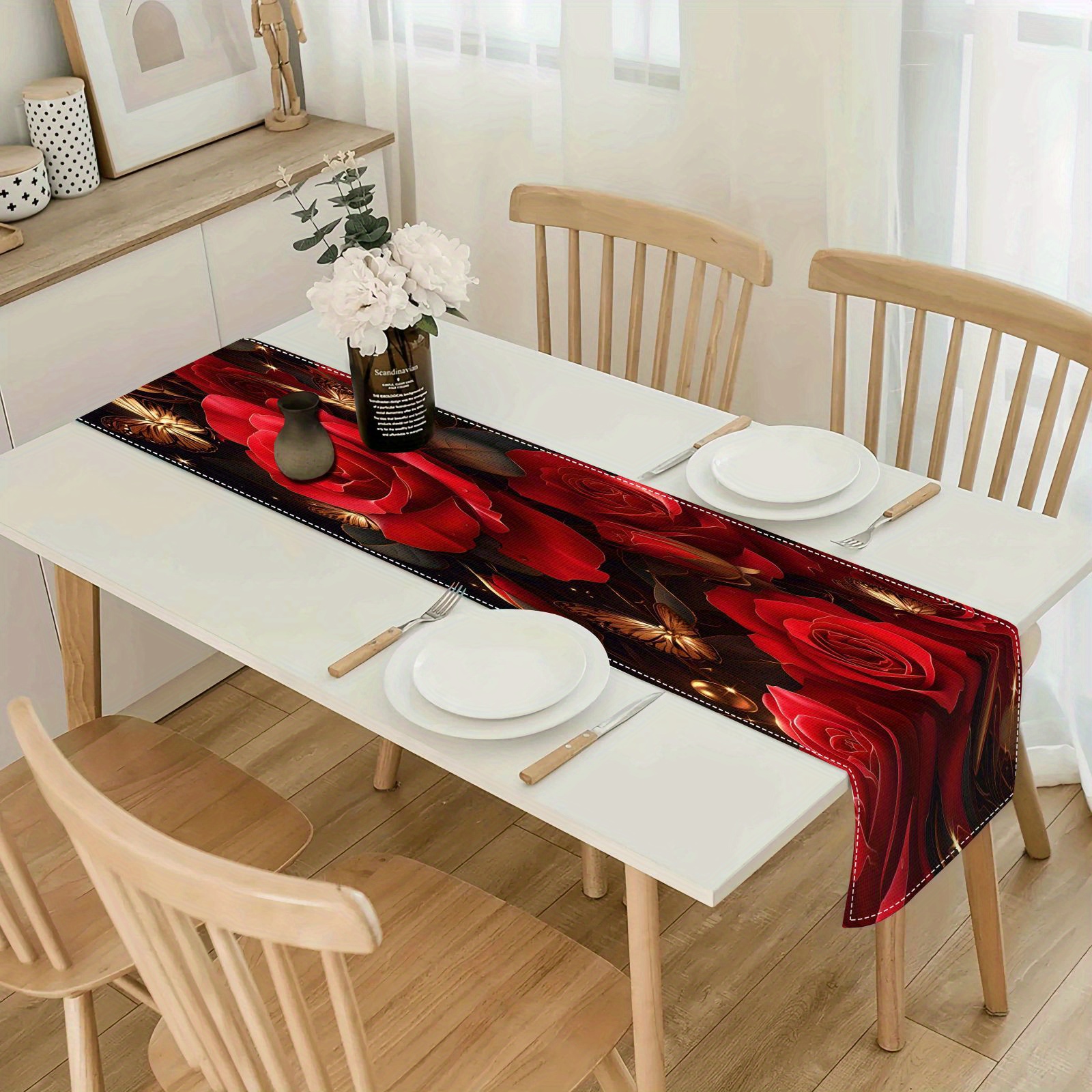 

Elegant European Style Red Rose Pattern Table Runner - 100% Woven Linen Rectangular Tablecloth For Dining & Party Decor, Home, Restaurant, Tea & Coffee Tables - 1pc