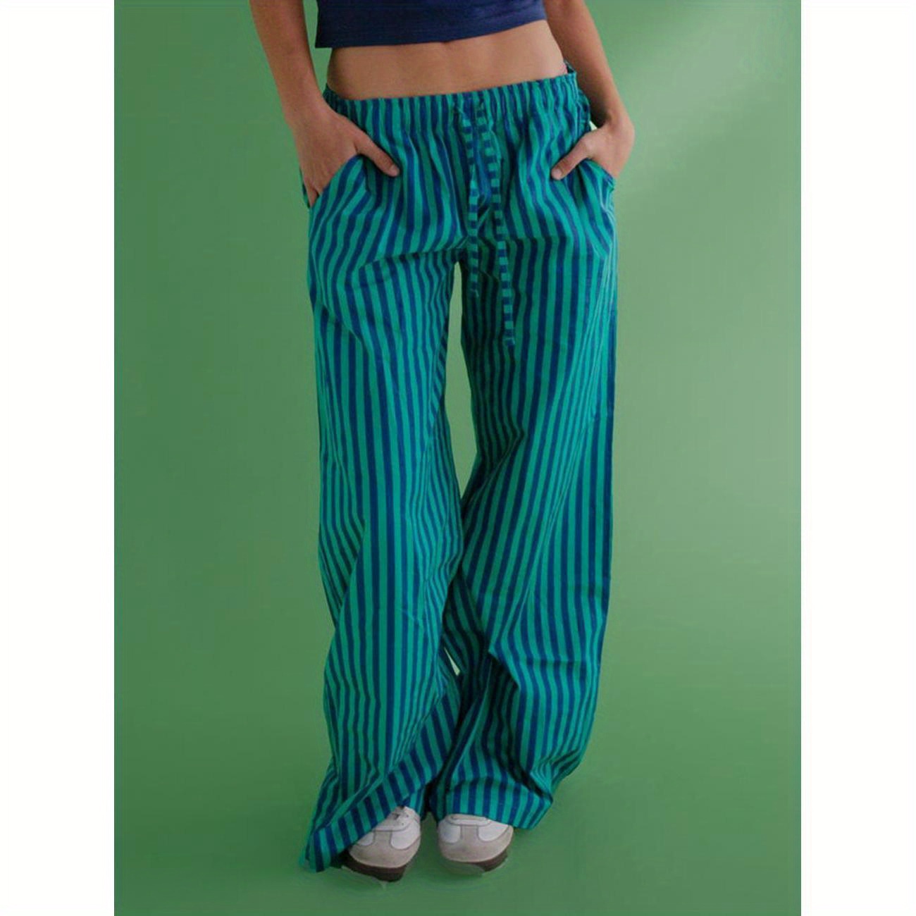 

Women's Summer Baggy Pants Drawstring Waist Wide Leg Striped Pants With 2 Pockets