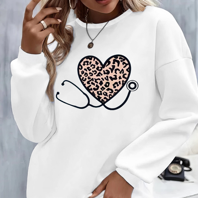 

Leopard Heart Stethoscope Print Pullover Sweatshirt, Casual Long Sleeve Crew Neck Comfortable Sweatshirt For Fall & Winter, Women's Clothing