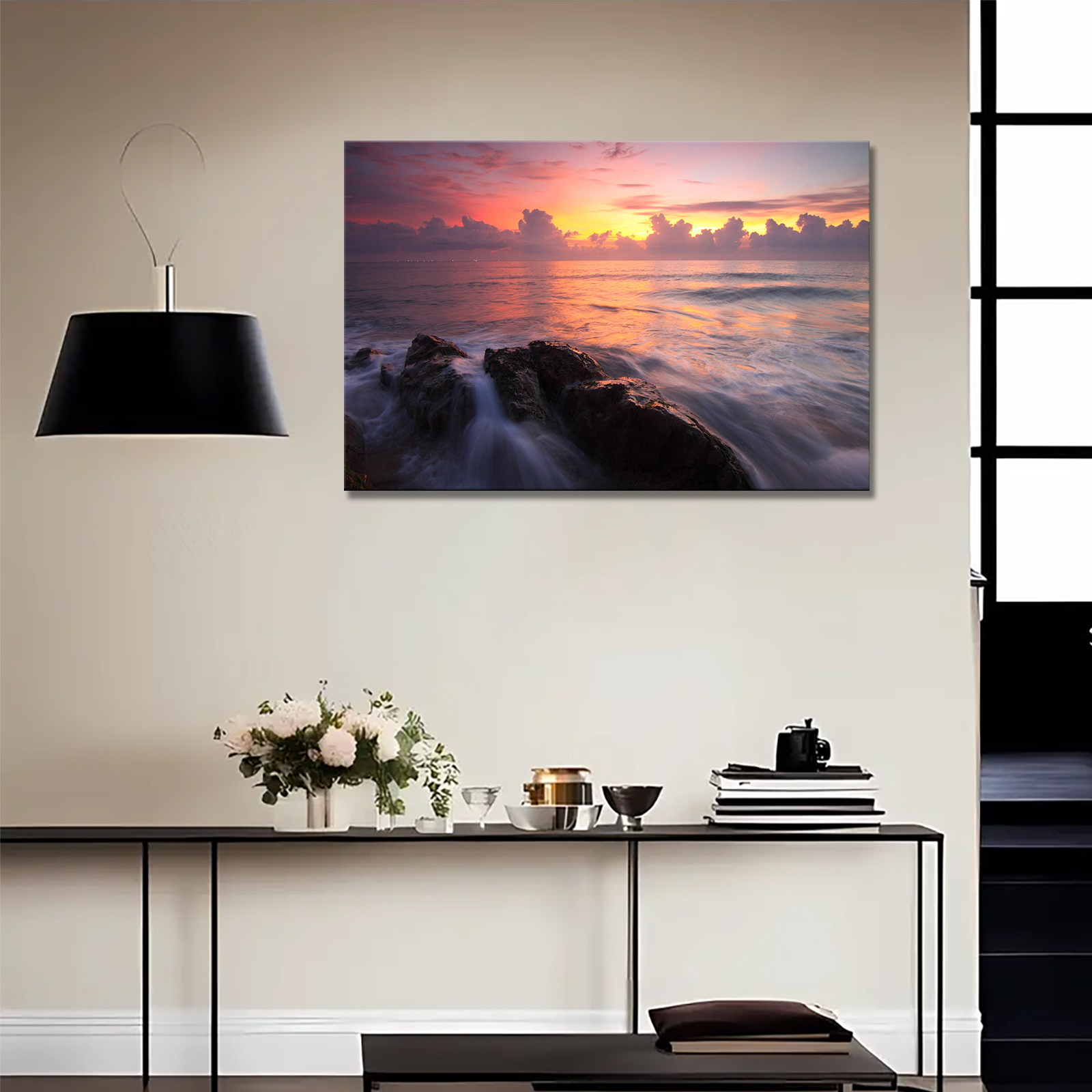 1 Pc Wooden Framed Wall Art Can Be Hung - Beach Wave Sunset Poster ...