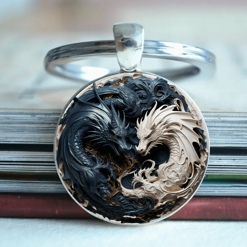 Keychain Featuring And White Shuanglong Brothers