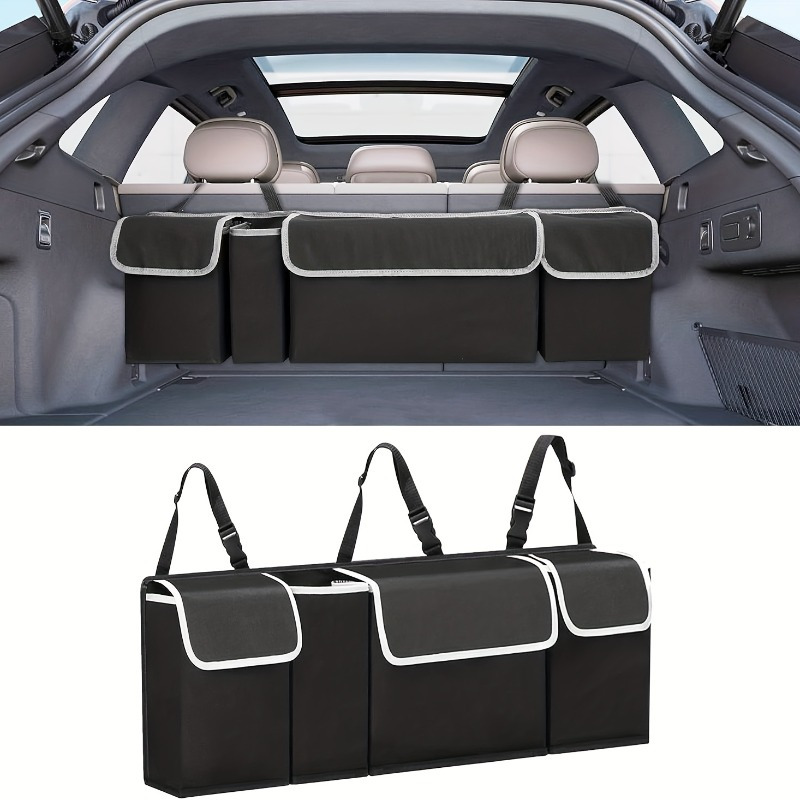 

1pc Canvas Car Trunk Organizer With Seat Back Storage, Foldable Waterproof Multi-pocket Auto Storage Bag For Vehicle Tools And Accessories