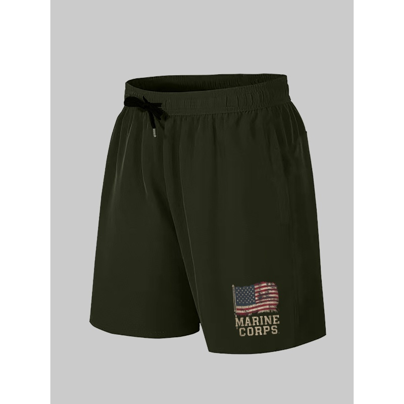 

Flag Marine Corps Print Men's Plus Size Drawstring Shorts With Pockets, Breathable Athletic Comfy Shorts For Outdoor Activities