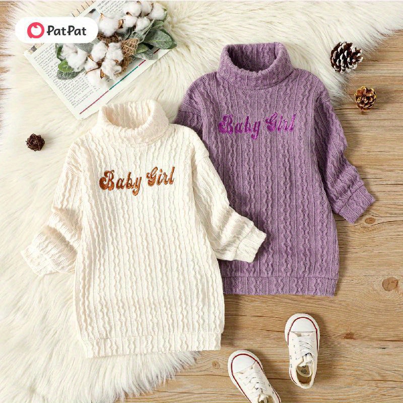 

Patpat Baby/toddler Girl Letter Embroidered Textured Turtleneck Long-sleeve Sweater Dress