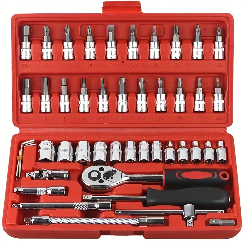 

46pcs Ratchet Wrench Set With Drill Bit Sockets & Extension Bar - Carbon Steel, Metric Sockets, Adapters, And Hex Key Set In For Auto Repair