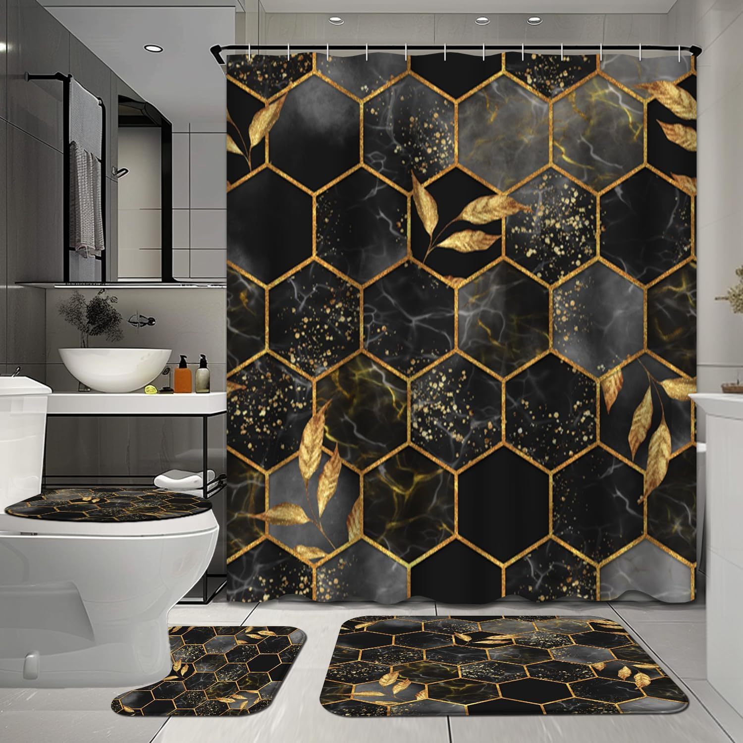 

4 Pcs Golden Marble Bathroom Shower Curtain Sets With Rugs, Black Tile Bathroom Sets With Shower Curtain And Rugs, Luxury Natural Bathroom Decor Sets With Mats And Towels