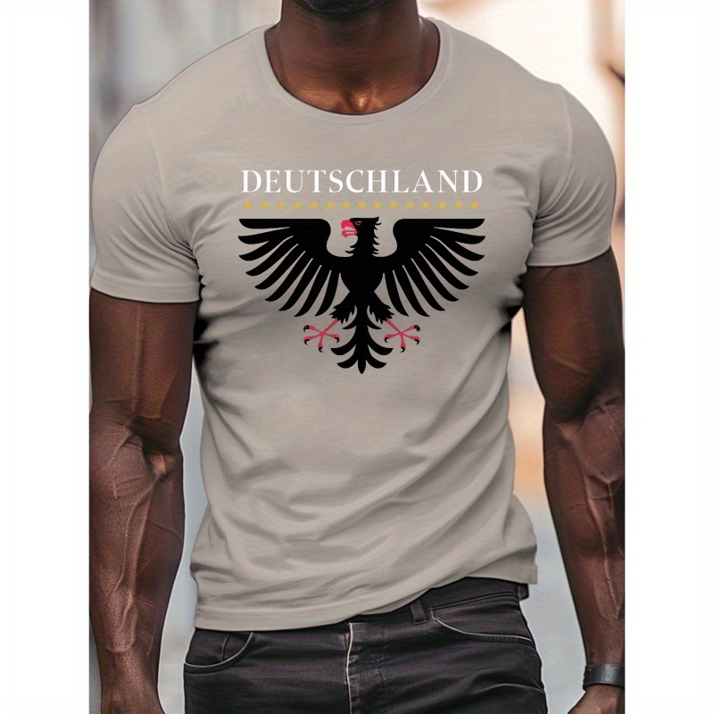 

Men's Casual Crew Neck T-shirt With Stars Eagle Deutschland Print, 100% Polyester Knit Fabric, Stretch, Regular Fit, Lightweight Summer Top - 150gsm