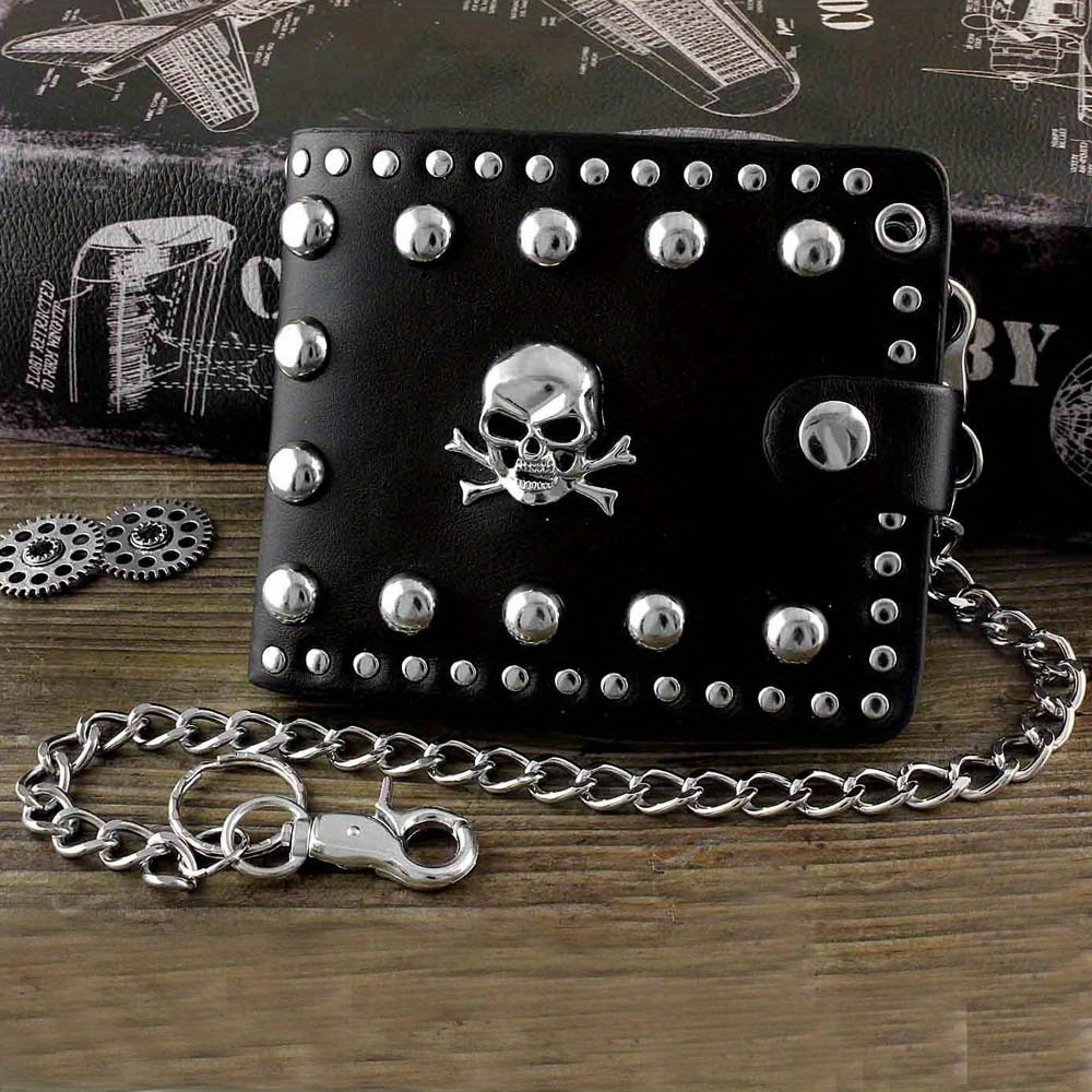 

Men's Skull Studded Biker Rock Gothic Leather Wallet With A Long Key Chain W7-3