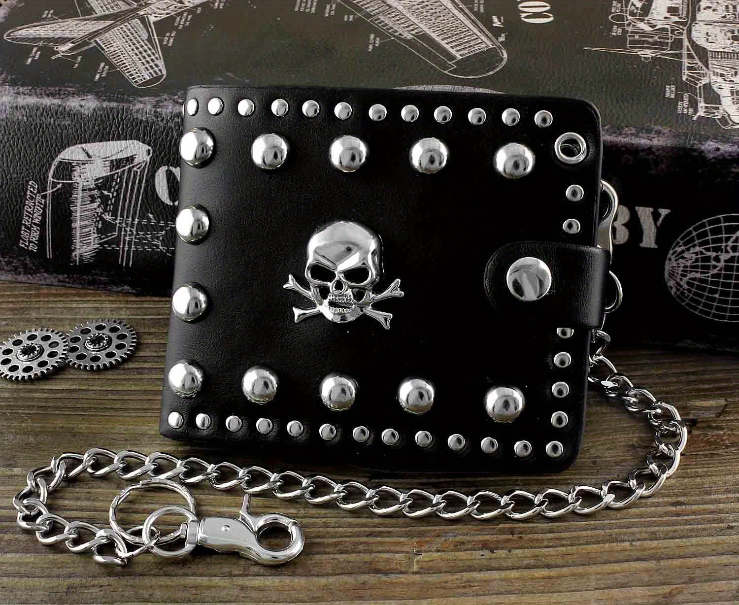 mens skull studded biker rock gothic leather wallet with a