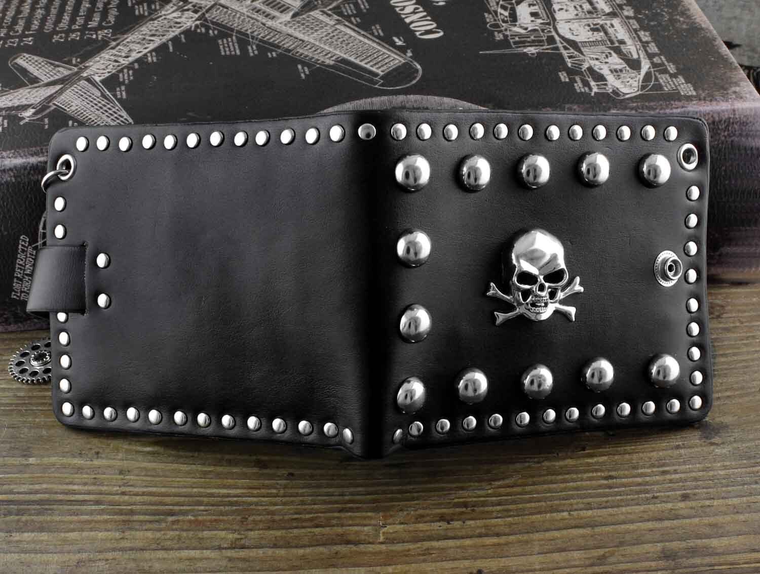 mens skull studded biker rock gothic leather wallet a long - Temu