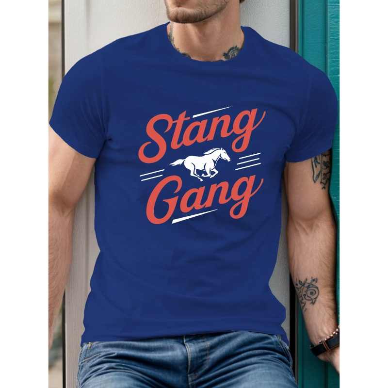 

Stang Gang Horse Illustration Print Tee Shirt, Tees For Men, Casual Short Sleeve T-shirt For Summer