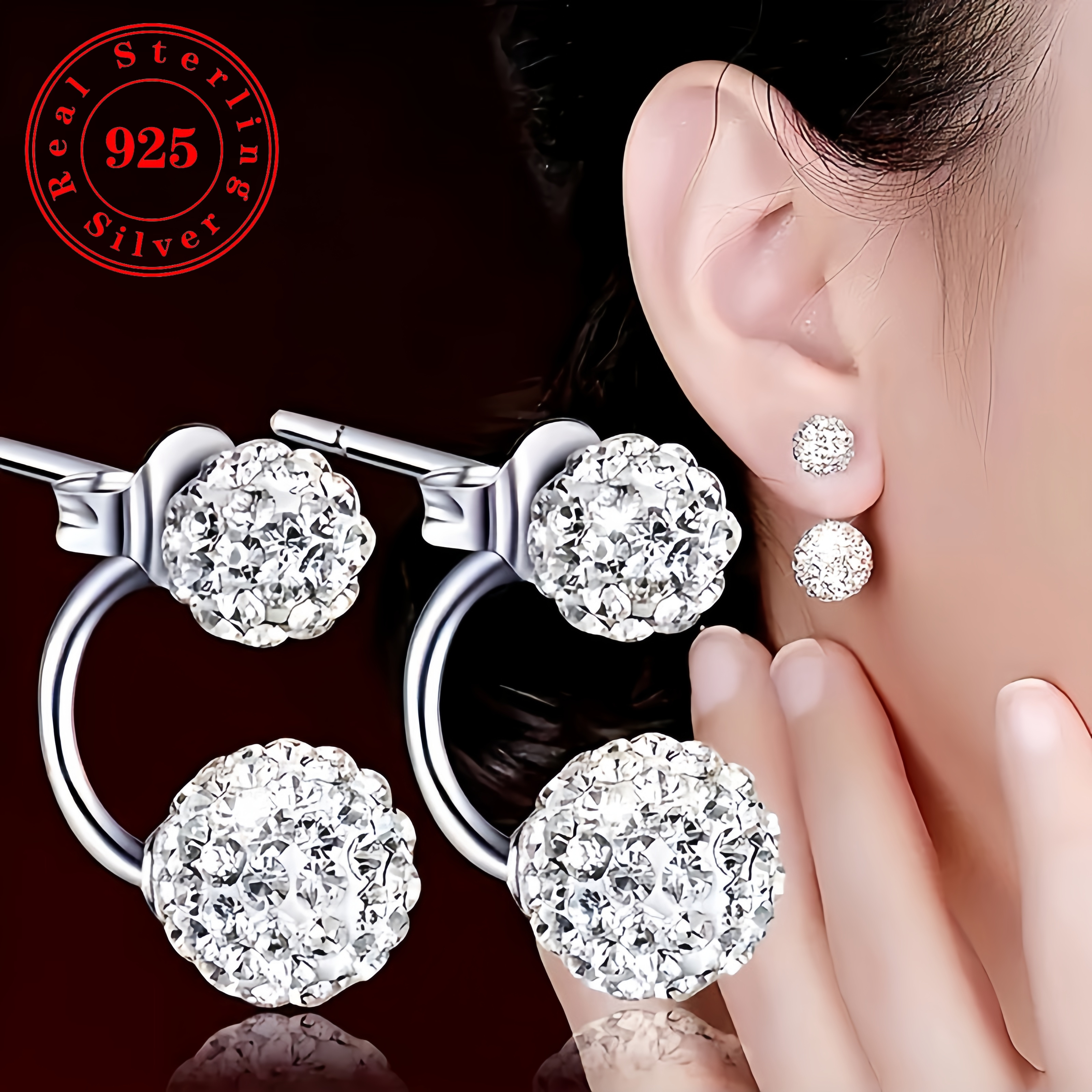 

Exquisite Two-ball Design Earrings 925 Sterling Silver Hypoallergenic Jewelry Inlaid With Rhinestones Suitable For Female Banquet Party Ear Decoration About 2.7 Grams.