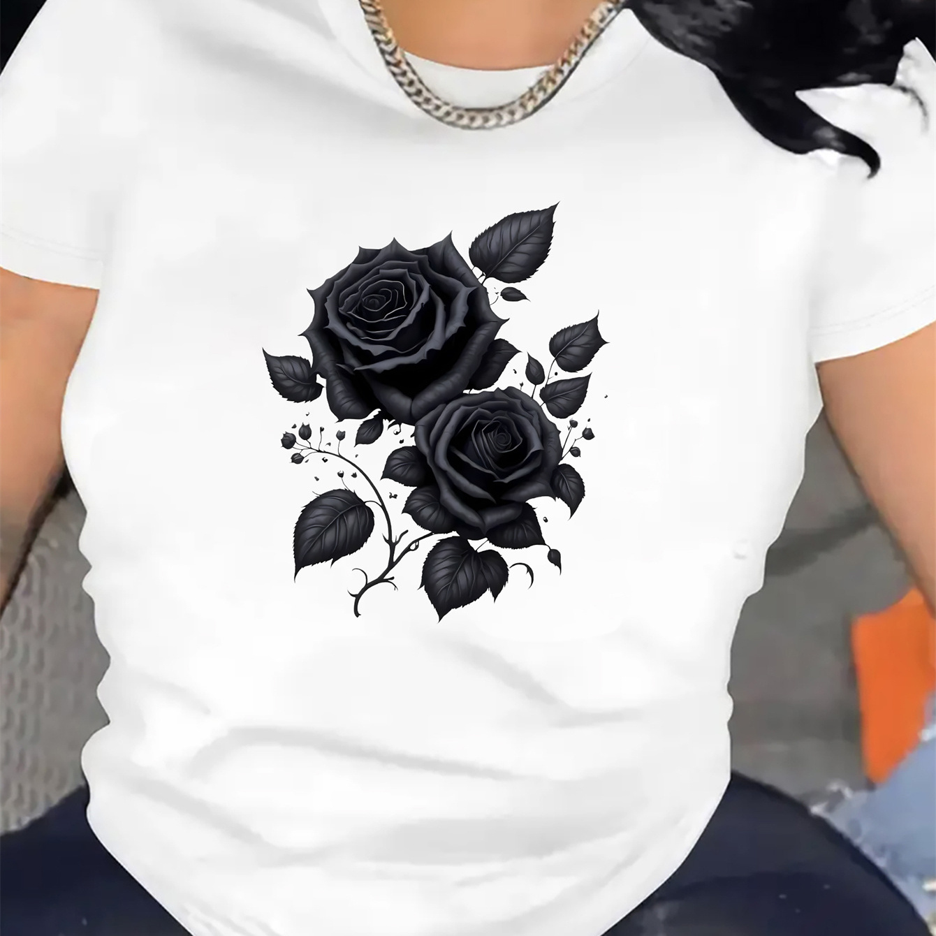 

Rose Graphic Print, Fashion Printed, Women's Casual Sports T-shirt, Round Neck, Short Sleeve, Leisure Sports Style