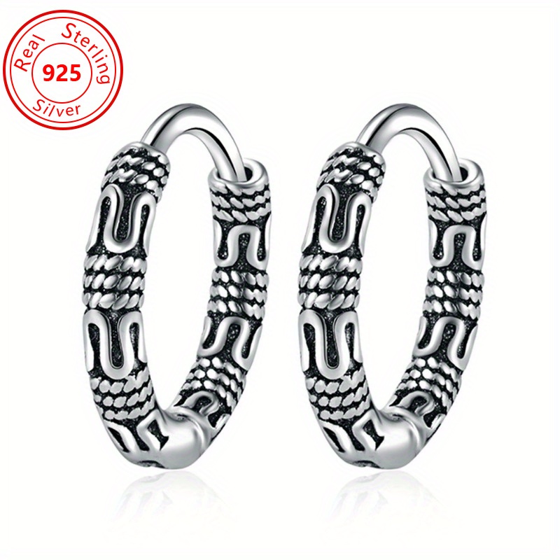 TEMU A Pair Of S925 Silver Vintage Earrings - Low Allergenicity - Silvery Antique Round Chain Link Personalized Ear Hoops - Simple And Stylish Warm -