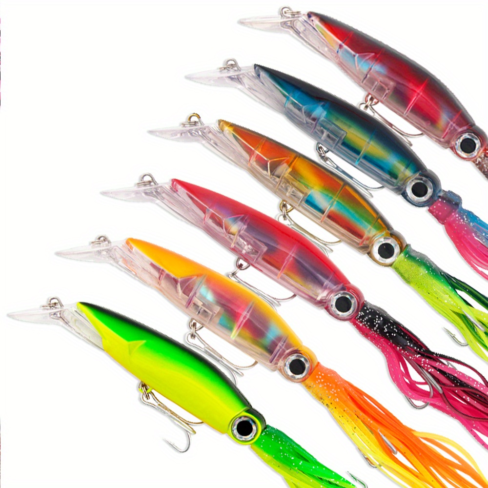 

6pcs Set 38g 6 Colors Squid Swimbait Hard Lures Lingcod Saltwater Fishing Octopus Jig Head With Strong Treble Hooks