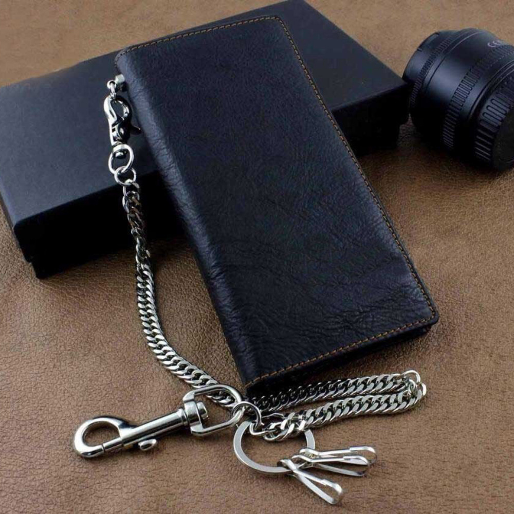 

Men's Punk Long Leather Wallet With A Heavy Skull Jeans Key Chain