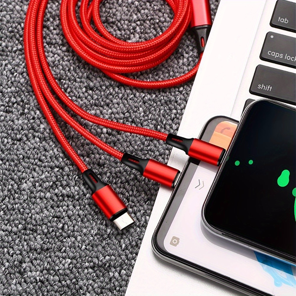 3-in-1 Nylon Braided USB Cable with Fast Charging, 5-10W Power Delivery, Red & Black, Durable & Flexible Design for Smartphones, Tablets, and Laptops, Smartphone Charging Cable, Multidevice Charging, Modern Cable, Highquality Cable