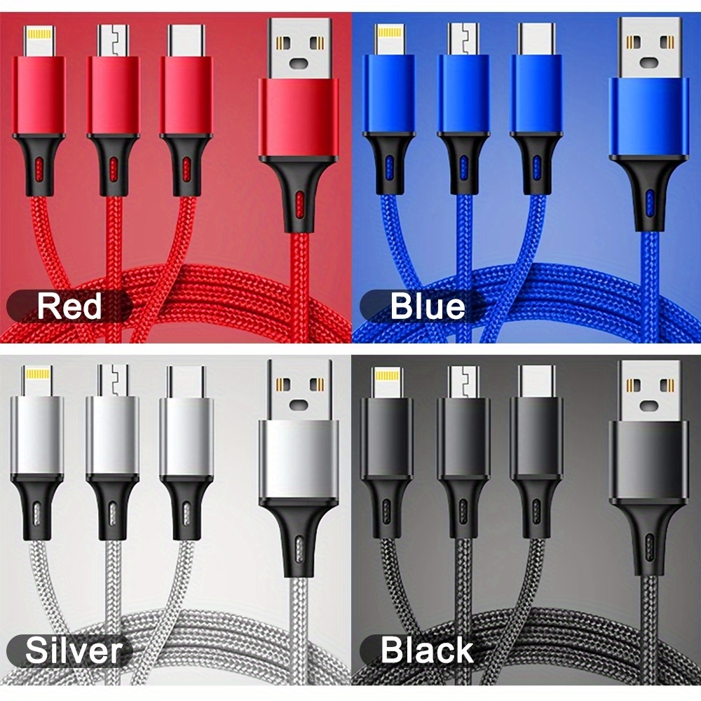 3-in-1 Nylon Braided USB Cable with Fast Charging, 5-10W Power Delivery, Red & Black, Durable & Flexible Design for Smartphones, Tablets, and Laptops, Smartphone Charging Cable, Multidevice Charging, Modern Cable, Highquality Cable